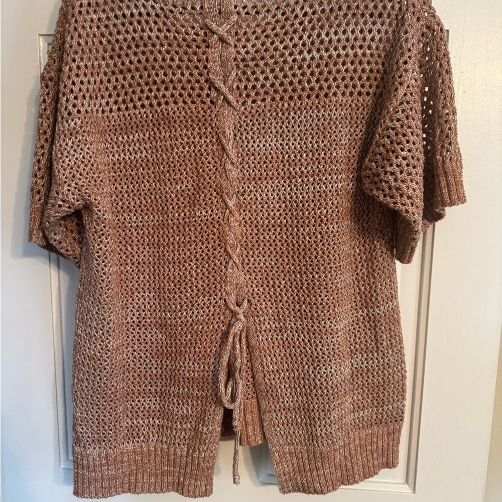 Easel Oversized Open Knit Sweater Brown Lace Up Back Boho Pullover Size M